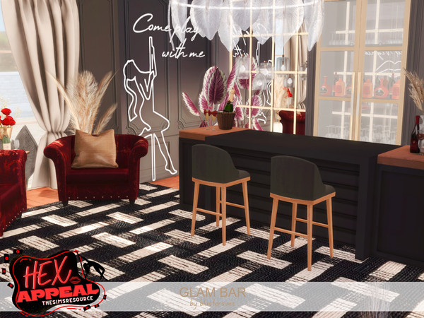 Sims 4 — Glam Bar by BlusterSims — Small Bar with a tv, fireplace, bar and sitting area. Size: 7x6