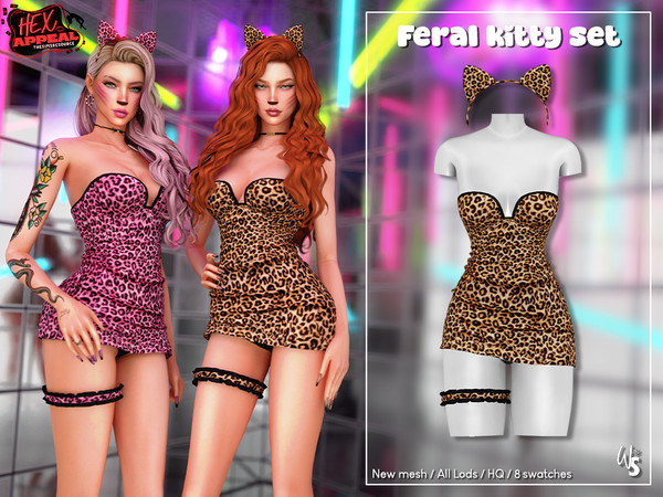 Sims 4 — Hex Appeal - Feral Kitty Set by WisteriaSims — Unleash your wild side with this flirty leopard print dress,