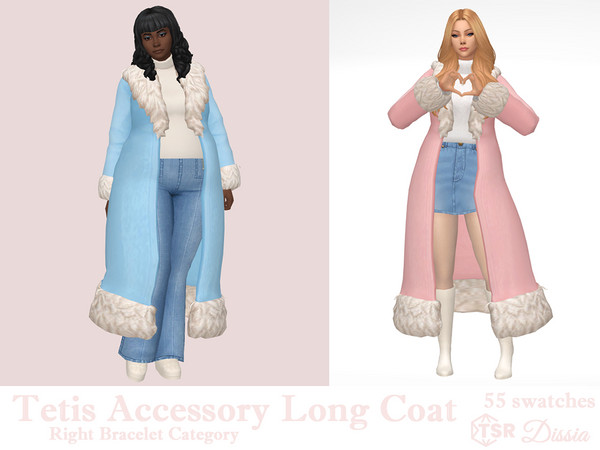 Sims 4 — Tetis Accessory Long Coat by Dissia — Retro long coat with fur in many colors