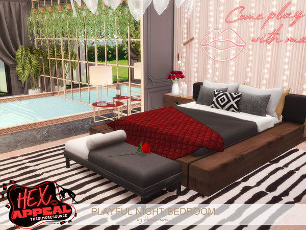 Sims 4 — Playful Nights Bedroom by BlusterSims — Large bedroom with a large beda and a inviting sitting area overlooking