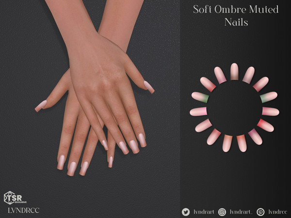 Sims 4 — Soft ombre muted nails by LVNDRCC — Medium length glamour manicure on a soft, pastel pink base that is