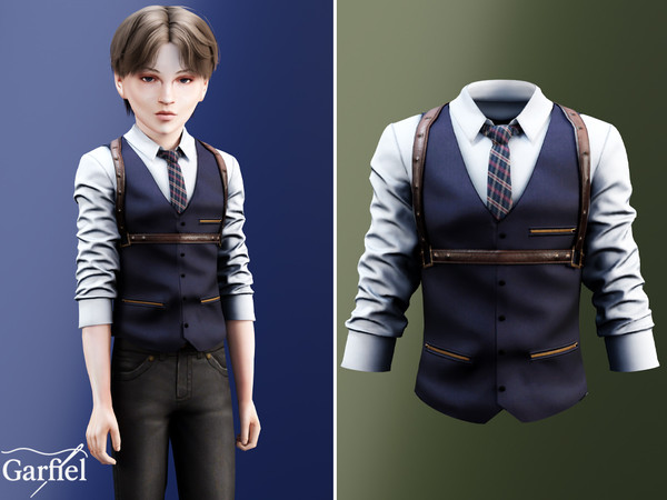 Sims 4 — Child - Navy vest top with plaid tie and harness straps by Garfiel — A stylish layered top for kids featuring a