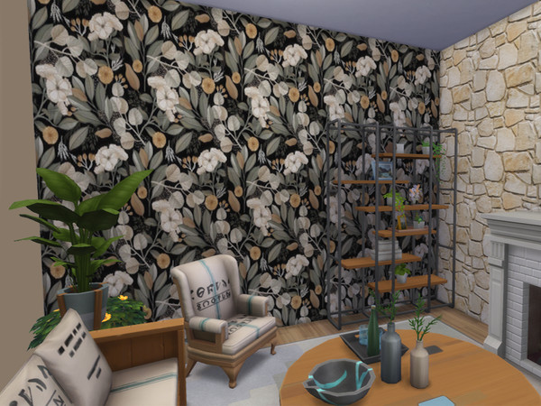 Sims 4 — Dark Foliage Wallpaper by lavilikesims — A dark background with leaves and flowers, in 8 colours, all wall sizes