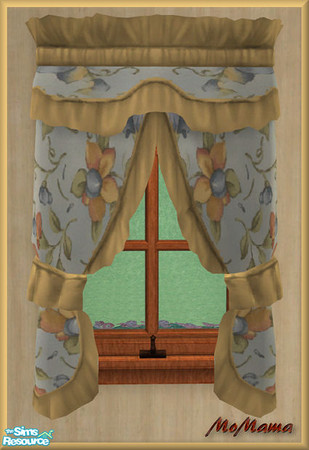 Sims 2 — NK Spicy Cinnamon Bedroom - Curtain Yellow Trim by MoMama — A blue and yellow print curtain with yellowish-gold