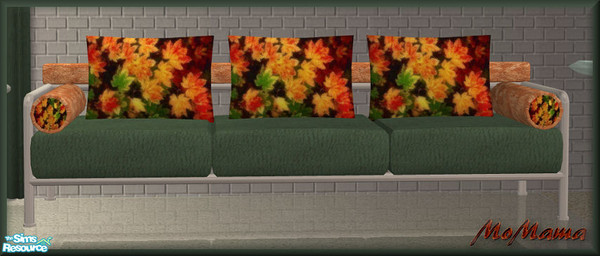 Sims 2 — NK TC64 Fall Fling - Sofa by MoMama — A sofa with green bottom cushion, gold back cushion and leafy pillows.