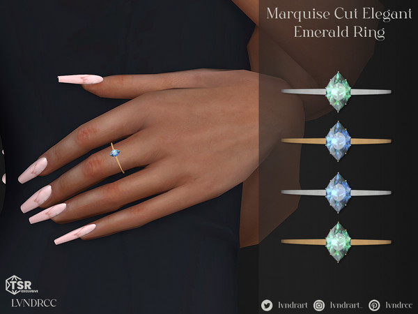 Sims 4 — Marquise Cut Elegant Emerald Ring by LVNDRCC — Green and light blue moderate Emerald ring with marquise cut