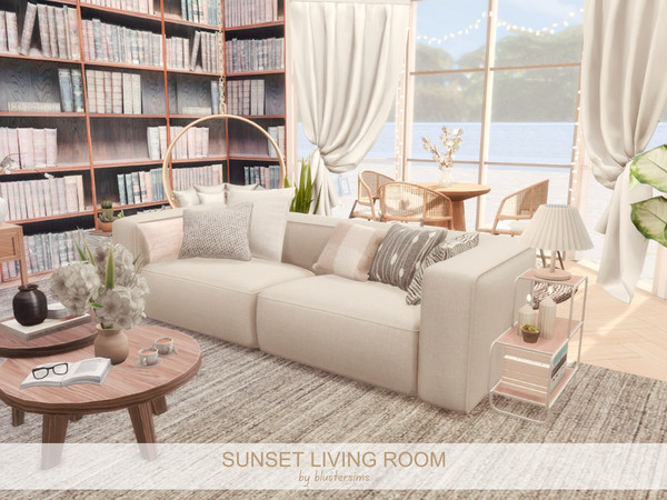 Sims 4 — Sunset Living Room by BlusterSims — The Sunset Living Room is a spacious, bright retreat bathed in warm tones.