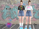Sims 4 — 80'S THINGS - ADLY - Outfit by Helsoseira — Style - Outfit, Printed T-Shirt with belted denim mini skirt