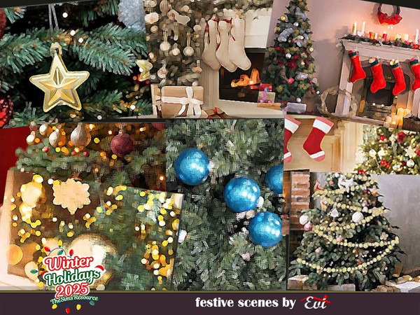Sims 4 — Festive Scenes by evi — Paintings with festive themes.Fireplace,gifts,Christmas trees and stars.