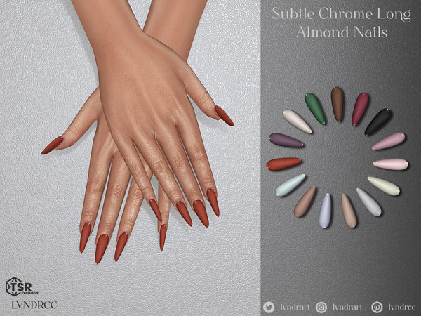 Sims 4 — Subtle Chrome Long Almond Nails by LVNDRCC — Long almonds in an array of intense and pastel colours with subtle