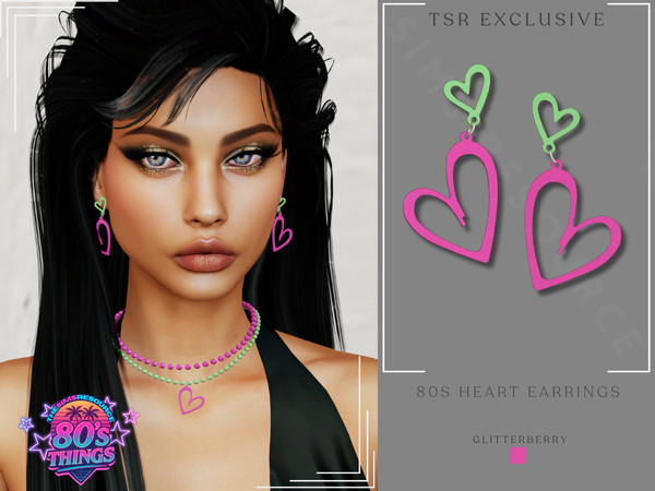 Sims 4 — 80s Heart Earrings by Glitterberryfly — An 80's heart inspired earring in pink and green