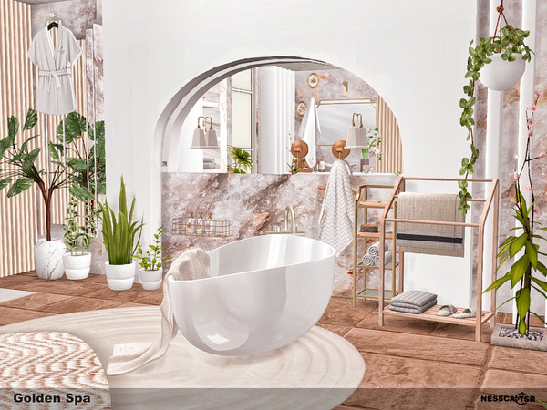 Sims 4 — Golden Spa by Nessca — The Golden Spa is a luxurious and modern bathroom. Classic marble, arches on the wall,