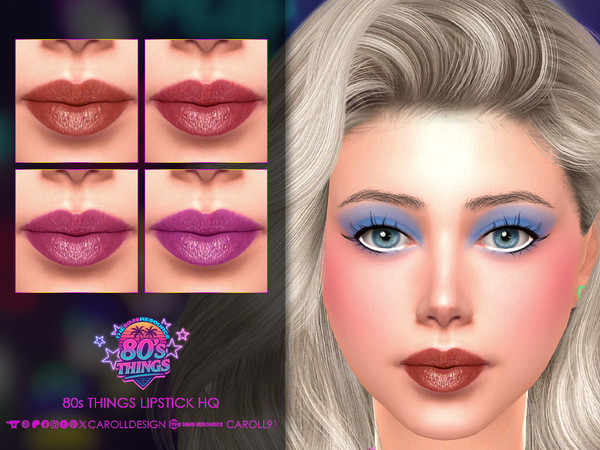 Sims 4 — 80s Things Lipstick by Caroll912 — A 4-swatch satin lipstick in the muted shades of brown, red, pink, and