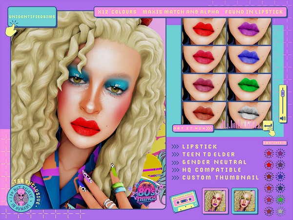 Sims 4 — 80s Things Lipstick by unidentifiedsims — 12 Colours