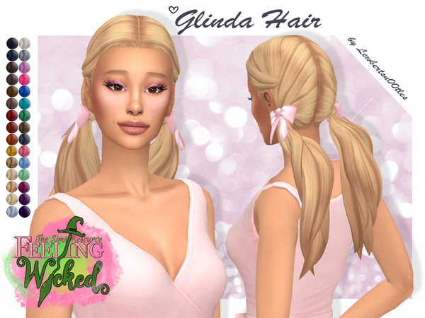 Sims 4 — Glinda Hair + Bow Accessory - Feeling Wicked by Lewbertsn00tles — A long and wavy double ponytail hairstyle,