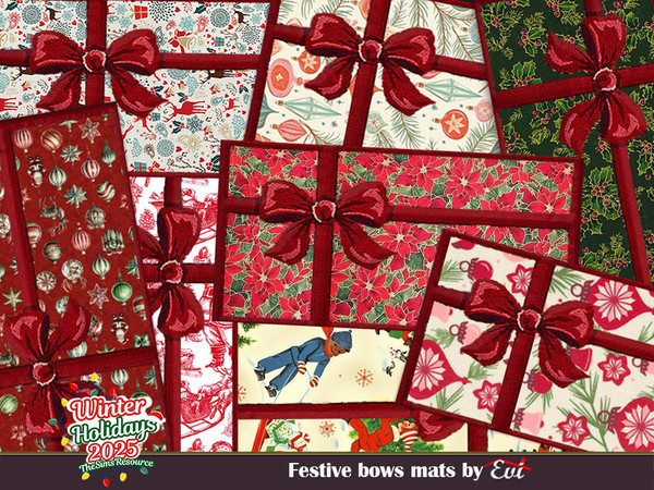 Sims 4 — Festive Bows by evi — A variety of door mats of festive designed fabrics and a big red bow around them.