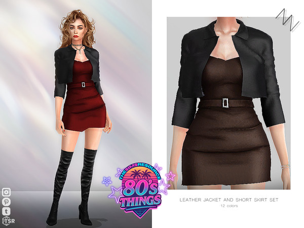 Sims 4 — LEATHER JACKET AND SHORT SKIRT SET by ZNsims — leather jacket, short skirt, suit, tight, mid-long sleeve