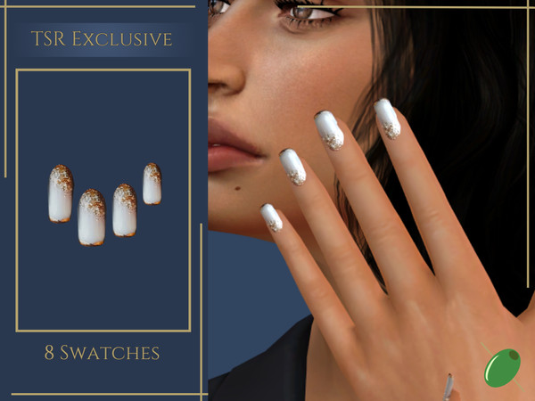 Sims 4 — Golden Snow Square Nails by Pitted0live — Snowy white nails with a chrome french tip and a glitter ombre Custom