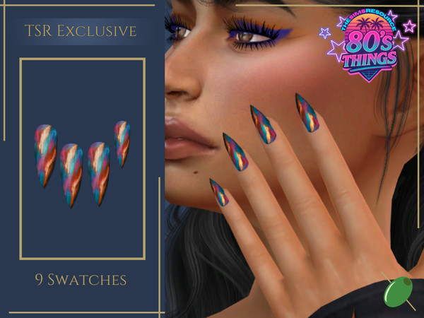 Sims 4 — Retro Abstract Art Stiletto Nails by Pitted0live — Long stiletto shaped nails with and abstract art paint stroke