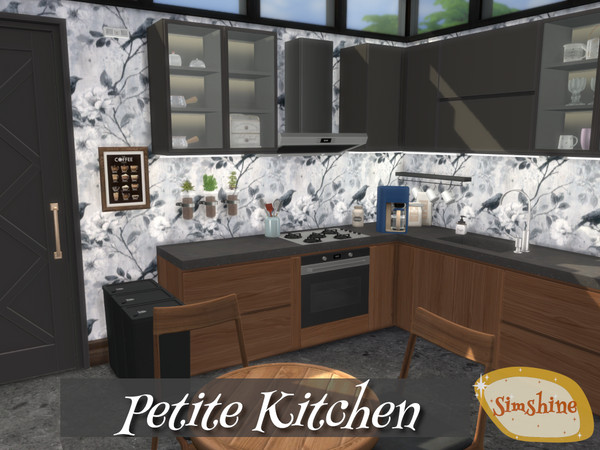 Sims 4 — Petite Kitchen by Sim_shine — Small kitchen in shades of black, gray, and dark wood. The custom content is TSR