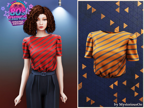 Sims 4 — 80's Things - Puff sleeve striped blouse "Nancy" by MysteriousOo — Vintage-inspired tee with bold