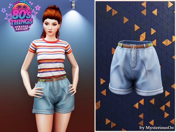 Sims 4 — 80's Things - Retro belted denim shorts by MysteriousOo — High-waisted denim shorts with a vintage belt