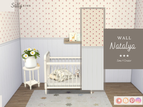 Sims 4 — Wall - Natalya by SallySims_cc — Wall with white panel and flowers