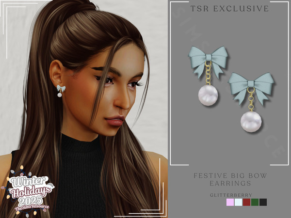 Sims 4 — Festive Big Bow Earrings by Glitterberryfly — A festive bow earring with gold and pearl gemstone