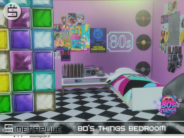 Sims 4 — 80s Things bedroom by Simenapule — A vibrant 80s-themed bedroom set for The Sims 4, featuring neon signs, retro