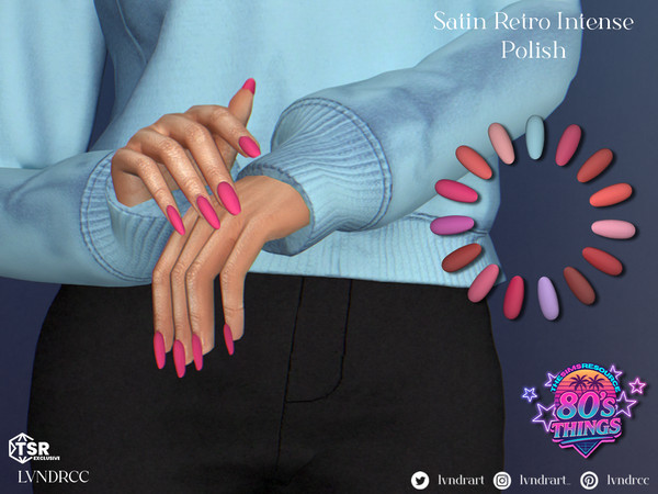 Sims 4 — (80's Things) Satin Intense Retro Polish Nails by LVNDRCC — Semi matte long rounded manicure with satin finish,