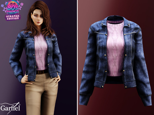 Sims 4 — Adult - Nancy - Denim jacket with soft cable knit sweater by Garfiel — A classic denim jacket paired with a warm