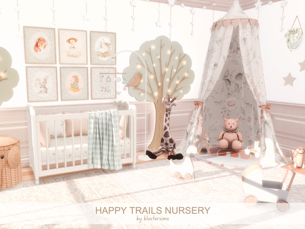Sims 4 — Happy Trails Nursery by BlusterSims — Happy Tails Nursery is a soft, pastel-themed baby room featuring a cozy