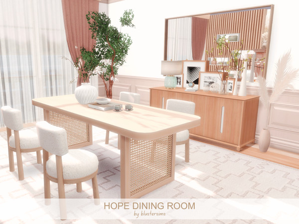 Sims 4 — Hope Dining room by BlusterSims — The Hope Dining Room is a bright, welcoming space featuring a cozy fireplace