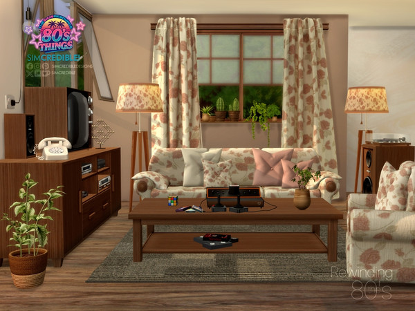 Sims 4 — Rewinding the 80s Living by SIMcredible! — Step inside and make yourself at home. It's the 80s, after all.