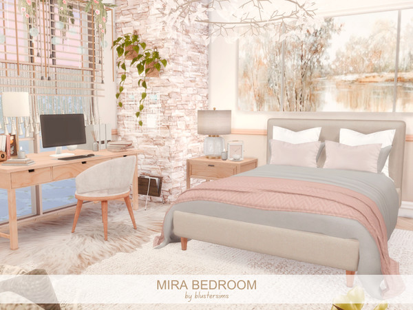 Sims 4 — Mira Bedroom by BlusterSims — The Mira Bedroom is a cozy, inviting space with a large, comfy bed, a desk with a