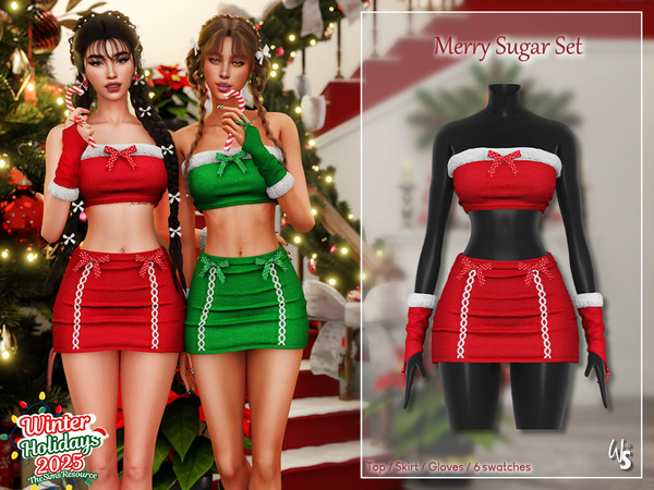 Sims 4 — Merry Sugar Set by WisteriaSims — A sweet and flirty holiday combo featuring a cropped top, mini skirt, and