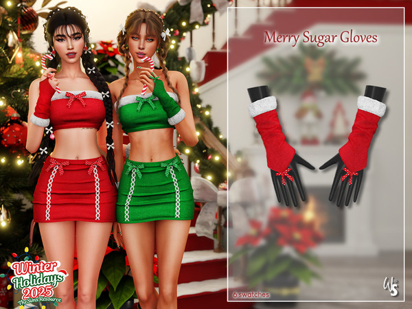Sims 4 — (Wisteria) MerrySugar Set _ Gloves by WisteriaSims — A sweet and flirty holiday combo featuring a cropped top,