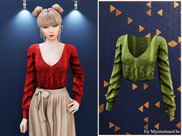 Sims 4 — Cable knit puff sleeve top by MysteriousOo — Fitted knit top with puff sleeves and V neckline