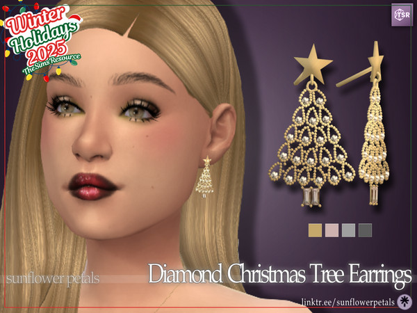 Sims 4 — Diamond Christmas Tree Earrings by SunflowerPetalsCC — A pair of Christmas Tree shaped earrings with many