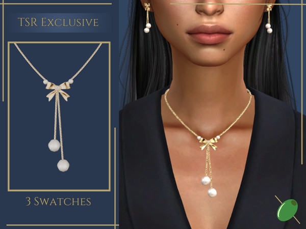Sims 4 — Pearly Bow necklace by Pitted0live — Long necklace with a gold bow detail and pearls Custom catalog image