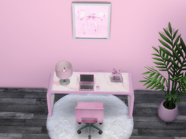 Sims 4 — Pink Office Pen Holder by jessbtlrr — This set has a desk, chair, wall art, laptop, lamp, pen holder, & a