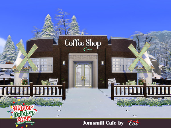 Sims 4 — Jomsmill Cafe by evi — A magical cafe with festive outside decor that can last forever. Enjoy it!