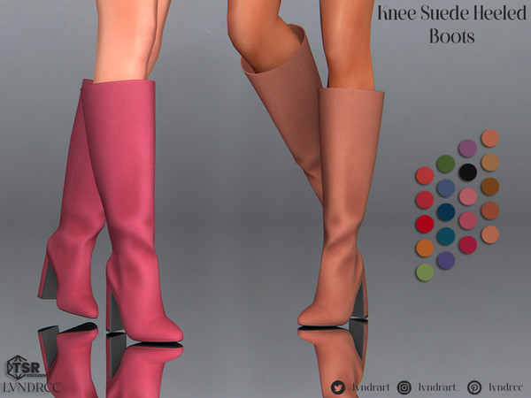Sims 4 — Knee Suede Heeled Boots by LVNDRCC — Knee length boots on a stable, wide heel, with narrowed toe. Made from soft