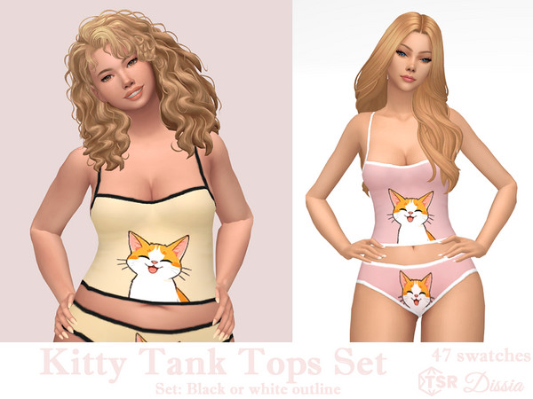 Sims 4 — Kitty Tank Top (Black) by Dissia — Sleepwear tank top with a cat print and black or white outline