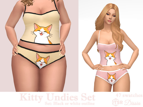 Sims 4 — Kitty Undies (Black) by Dissia — sleepwear panties with a cat print and black or white outline