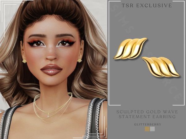 Sims 4 — Sculpted Gold Wave Statement Earring by Glitterberryfly — A gold wave stud earring