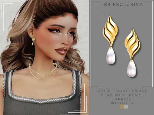 Sims 4 — Sculpted Gold Wave Statement Pearl Earring by Glitterberryfly — A pearl drop earring with gold wave stud