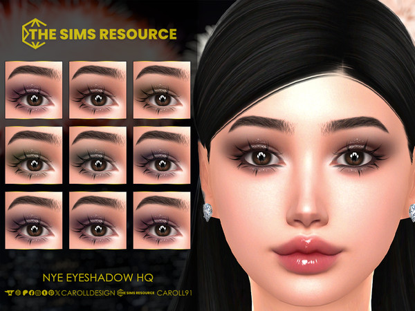 Sims 4 — NYE Eyeshadow HQ by Caroll912 — A 9-swatch smoked eyeshadow with glitters in darkened rainbow and black tones.