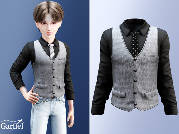 Sims 4 — Child - Smart black shirt with patterned vest & tie by Garfiel — A polished semi formal outfit for children