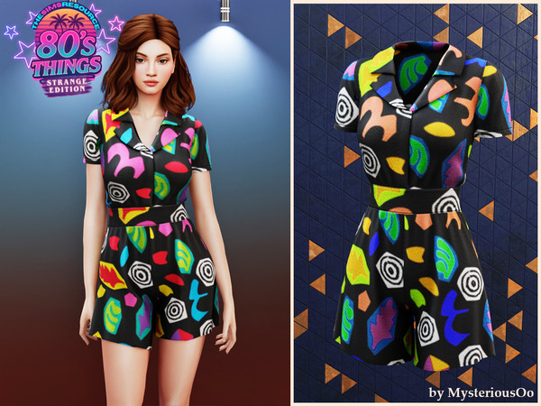 Sims 4 — 80's Things - Eleven mall jumpsuit by MysteriousOo — Short-sleeve romper with retro print and tailored waist